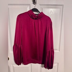 Mock Neck Blouson Sleeve Satin Top